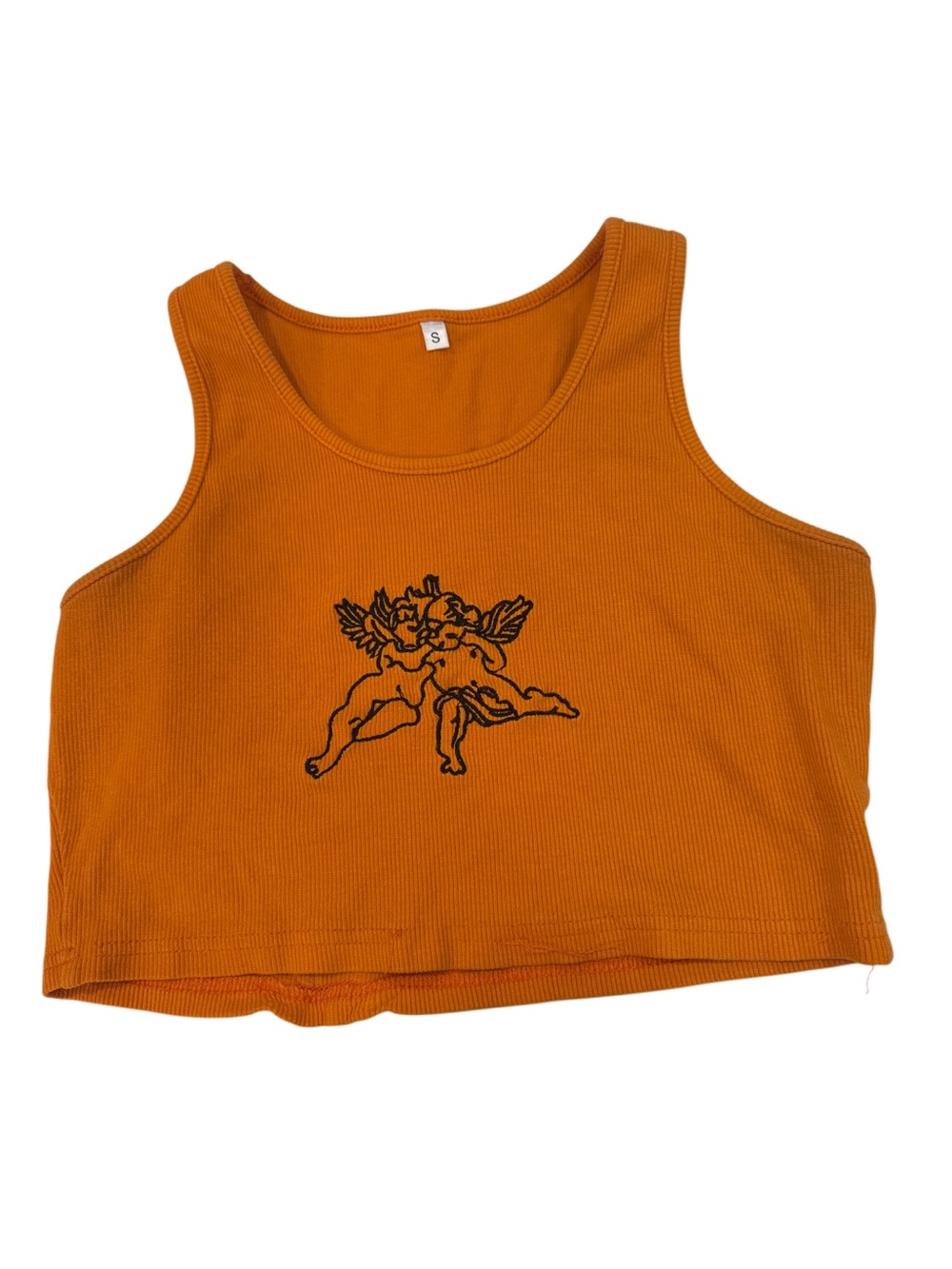 Orange Ribbed Tank Top with Cherub Graphic - S